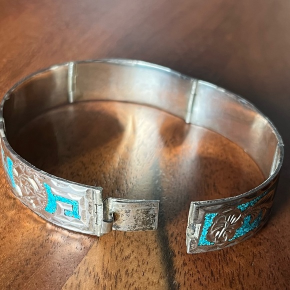GM 10 MEXICO 925 STERLING SILVER TURQUOISE INLAY Hinge BRACELET 6.75” clasp 22g - Picture 8 of 16